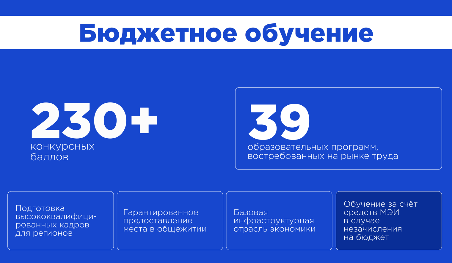 В 2026 году МЭИ продолжает акцию с зачислением на бюджет абитуриентов с общим баллом ЕГЭ более 230. Если вдруг поступающему не достанется бюджетное место, вуз гарантирует зачисление на платное со скидкой 100%. © pk.mpei.ru