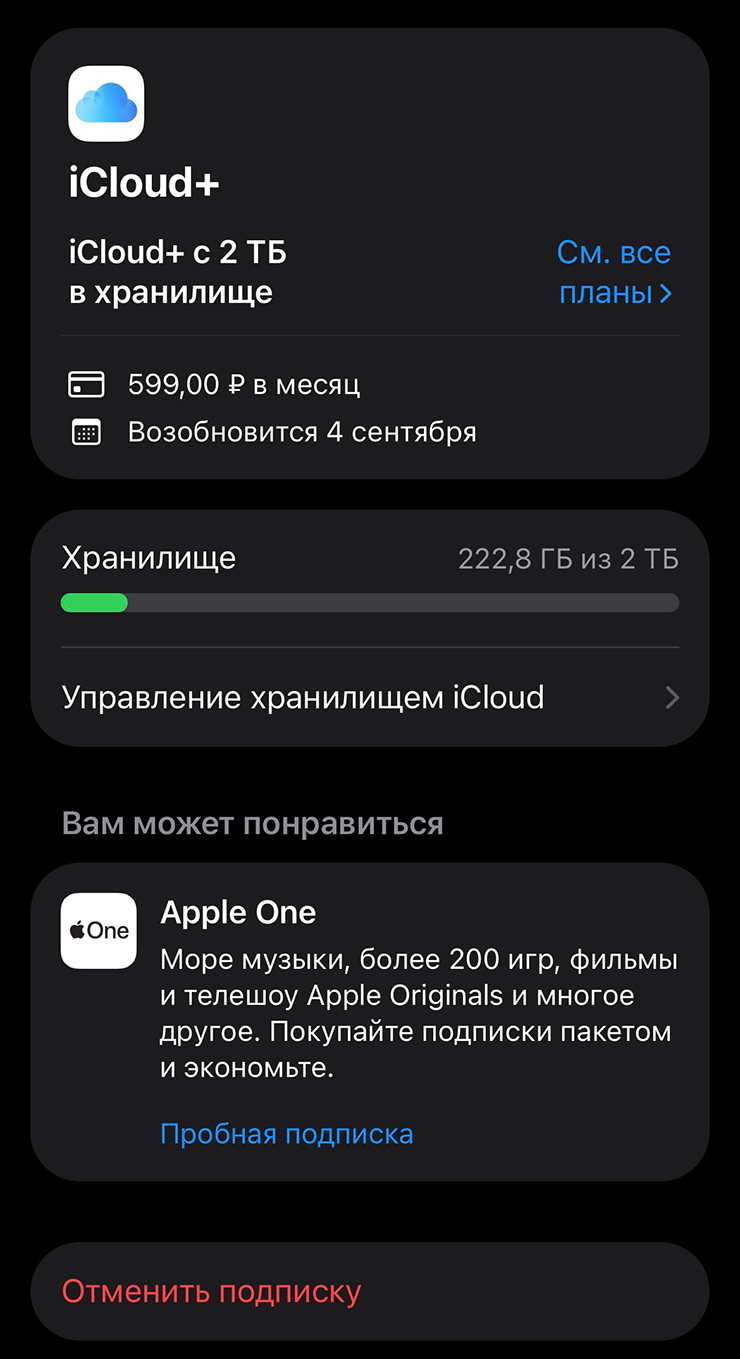 Экран отмены подписки на Айфоне. Тут же можно посмотреть, сколько места в хранилище свободно, сколько стоит ваш тариф и когда за него спишут деньги