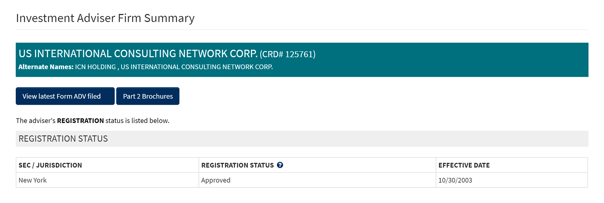 Из всех компаний с сайта ICN я нашел регистрацию только для US International Consulting Network Corp. — в базе данных публичных инвестиционных советников США