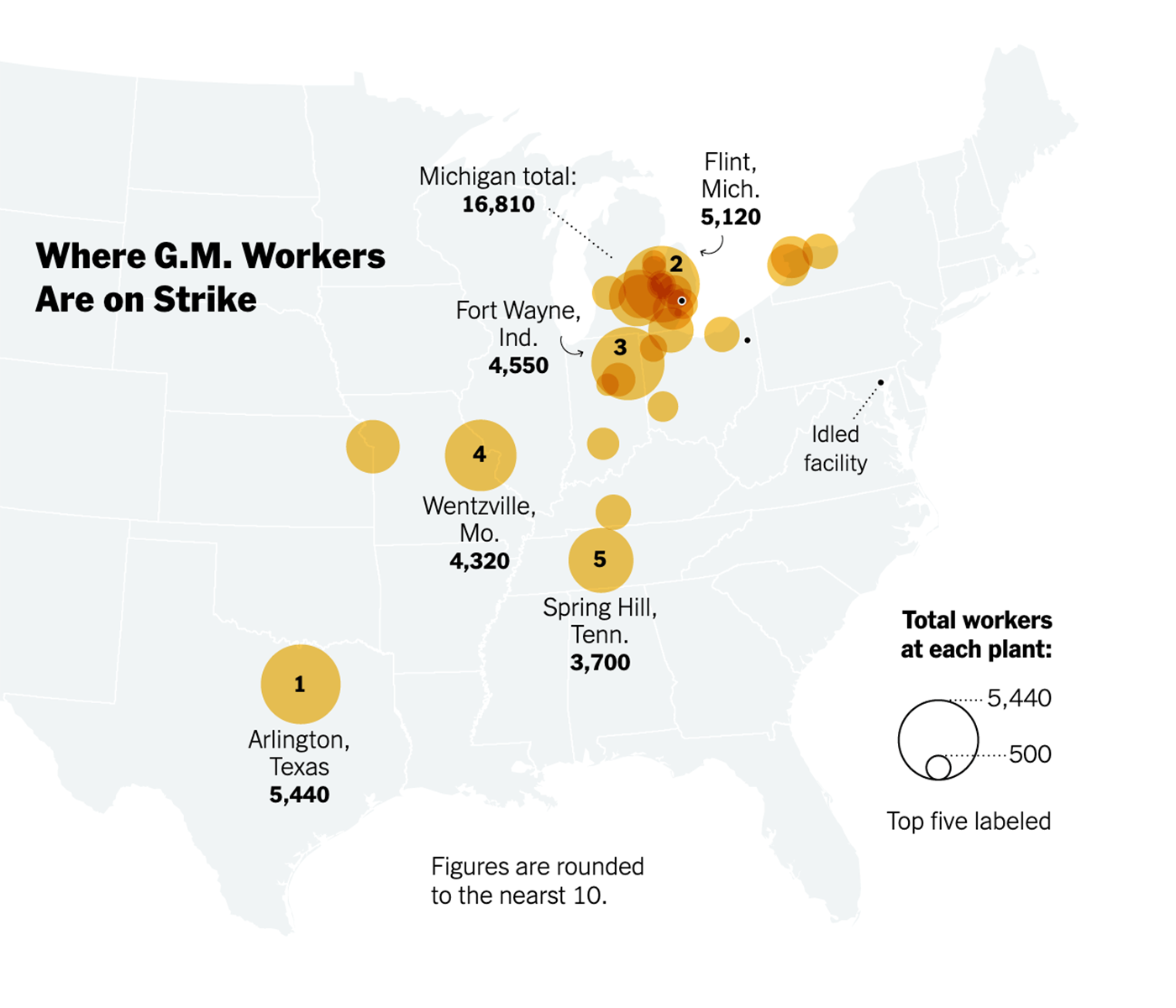 Где бастуют работники GM на настоящий момент. Источник: New York Times