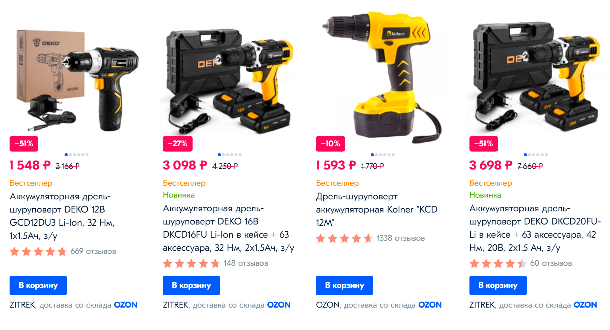 Если покупаете электроинструменты, я советую проверить цены на «Яндекс-маркете» или «Озоне». В некоторых непрофильных магазинах могут быть скидки и акции. Источник: «Озон»