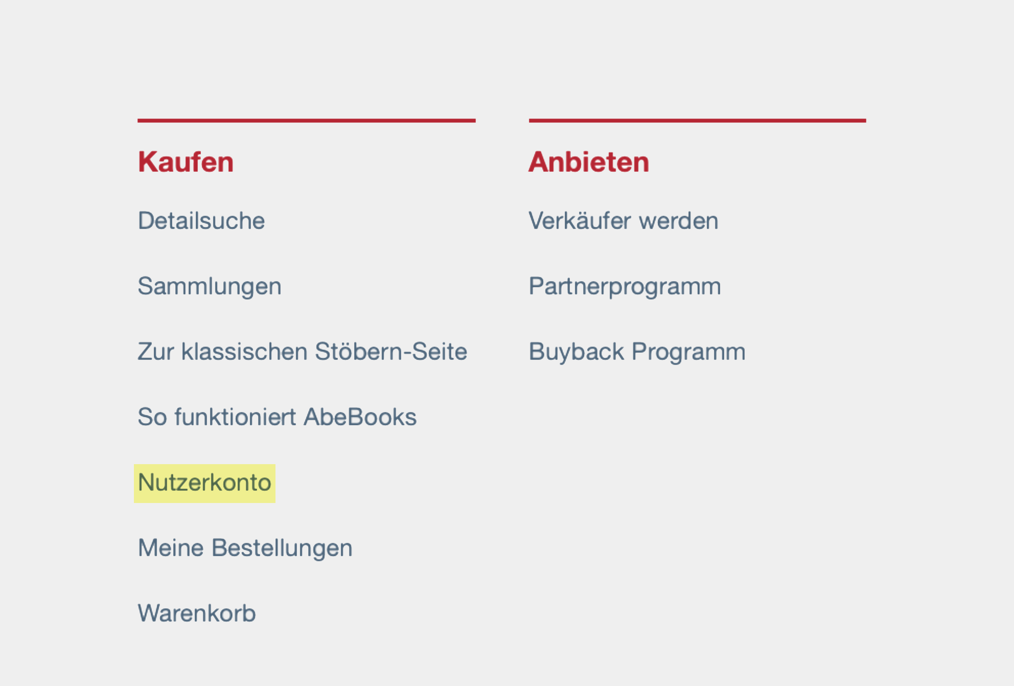 Ссылка на раздел «Счет пользователя» на сайте Аbebooks. На немецком — Nutzerkonto
