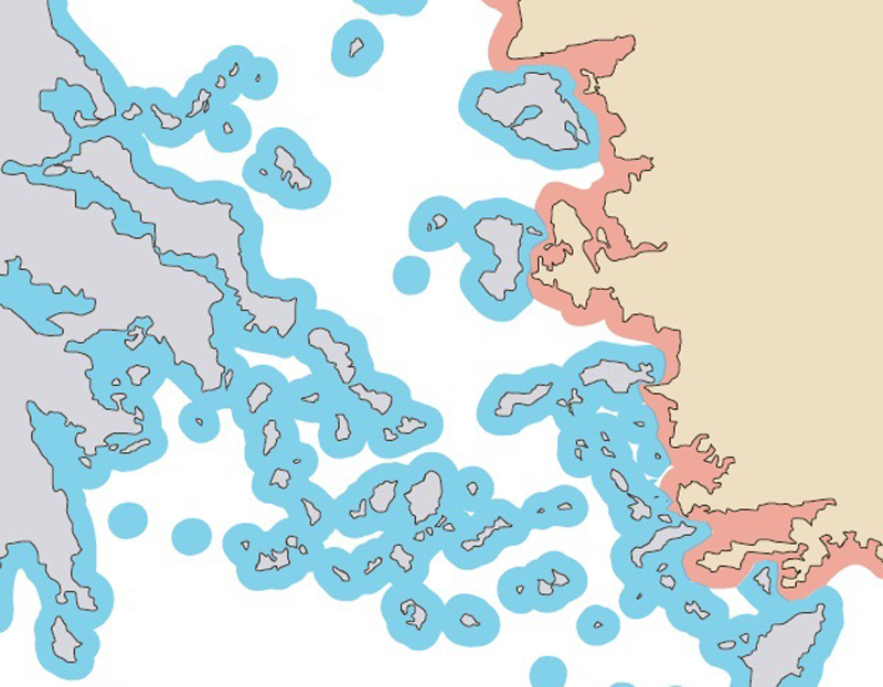 Границы территориальных вод Турции и Греции в Эгейском море. Голубым выделена территория Греции, а розовым — Турции. Источник: Википедия