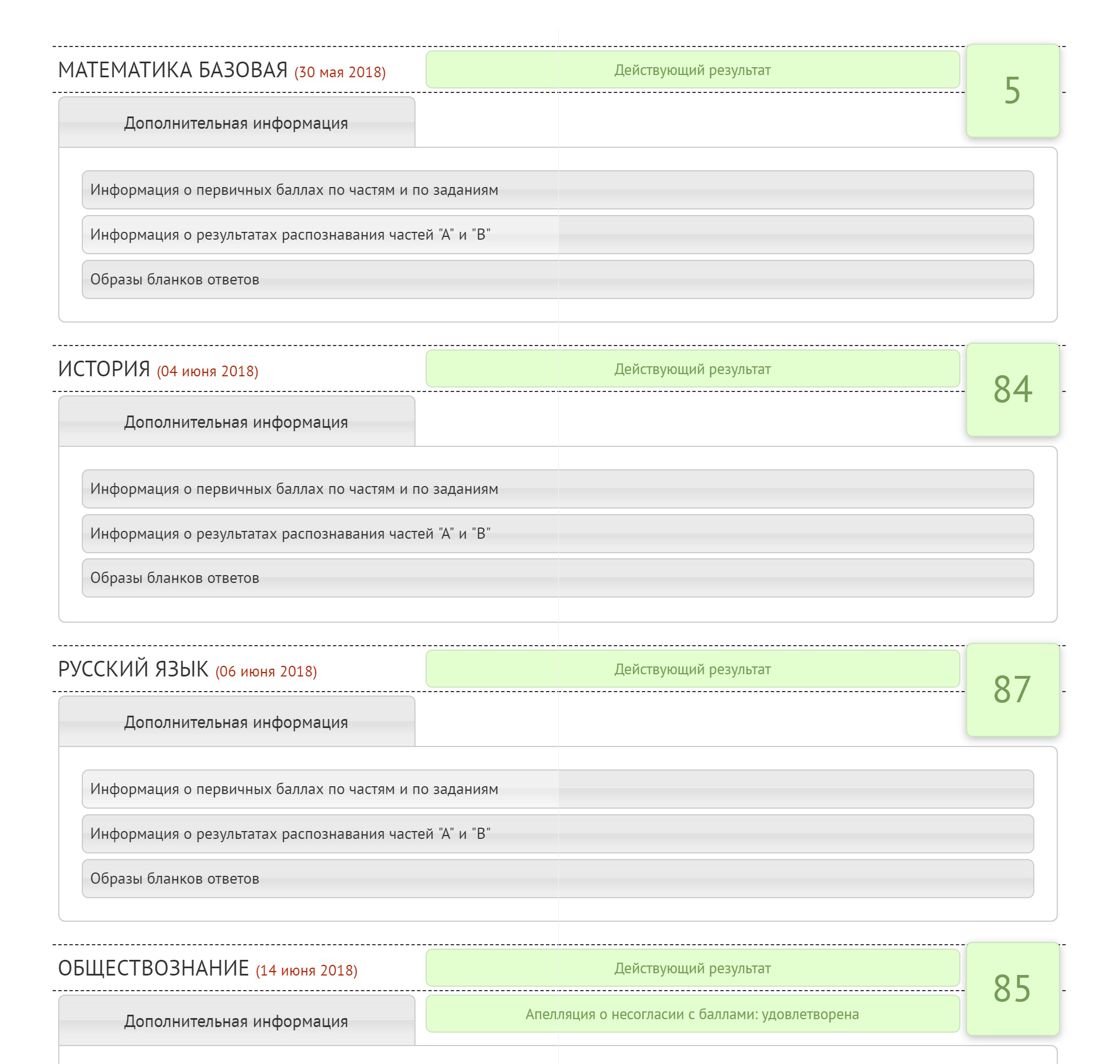 Мои результаты ЕГЭ после апелляции на сайте ege.spb.ru. В закладках — сканы экзаменационных бланков, компьютерные результаты распознавания и оценки каждой части экзамена