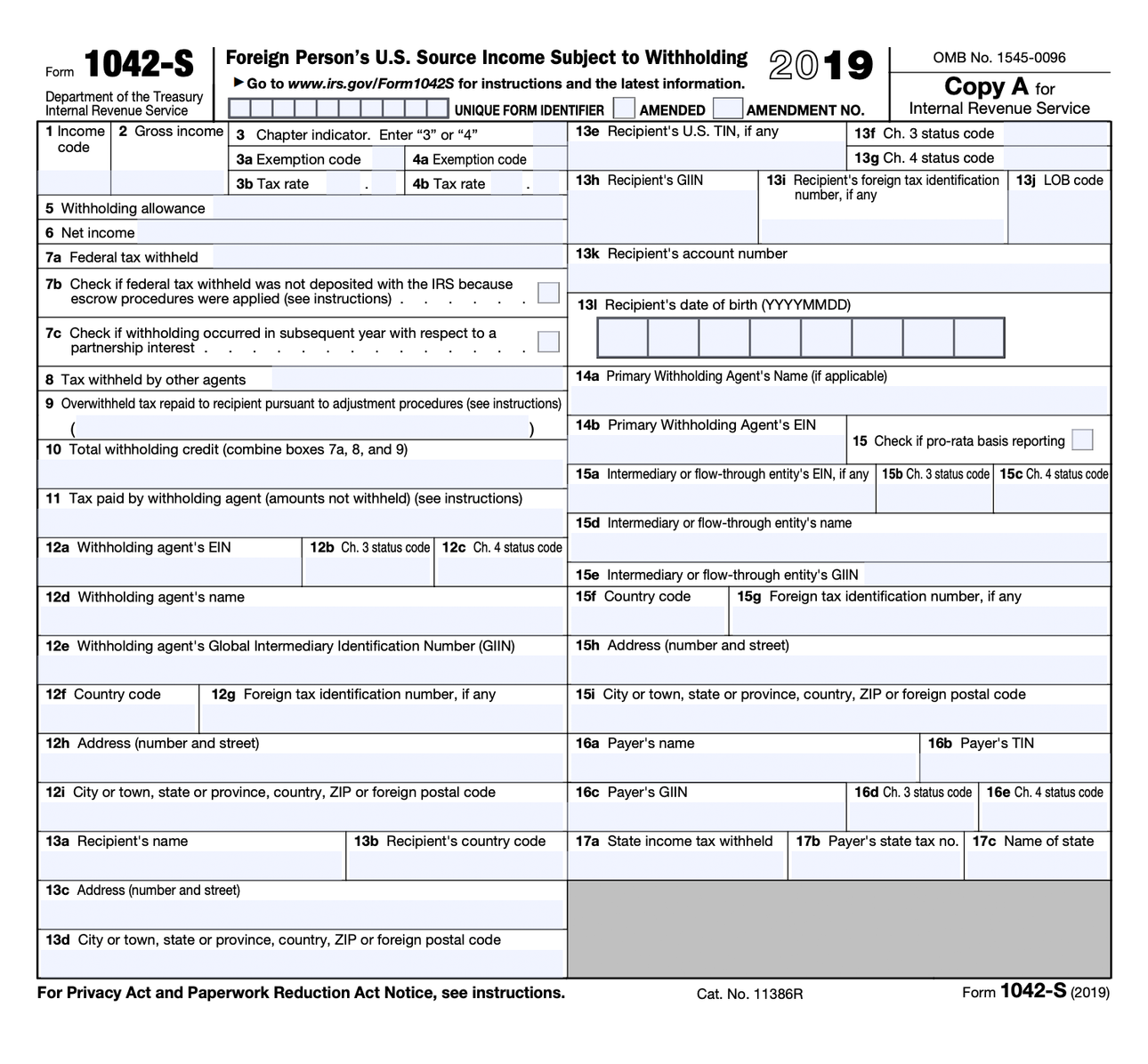 Так выглядит незаполненная форма 1042-S. Ее можно скачать на сайте налоговой США