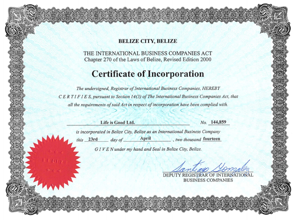Компания Life is Good Ltd. зарегистрирована в Белизе 23 апреля 2014 года