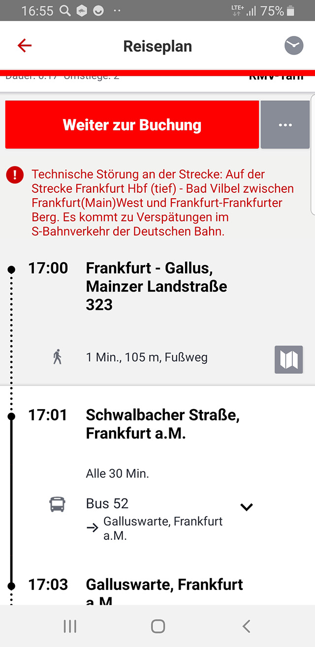 Я проверяю свои маршруты через приложение Deutsche Bahn — это немецкий аналог РЖД. Красный текст предупреждает об очередных технических неполадках на линии