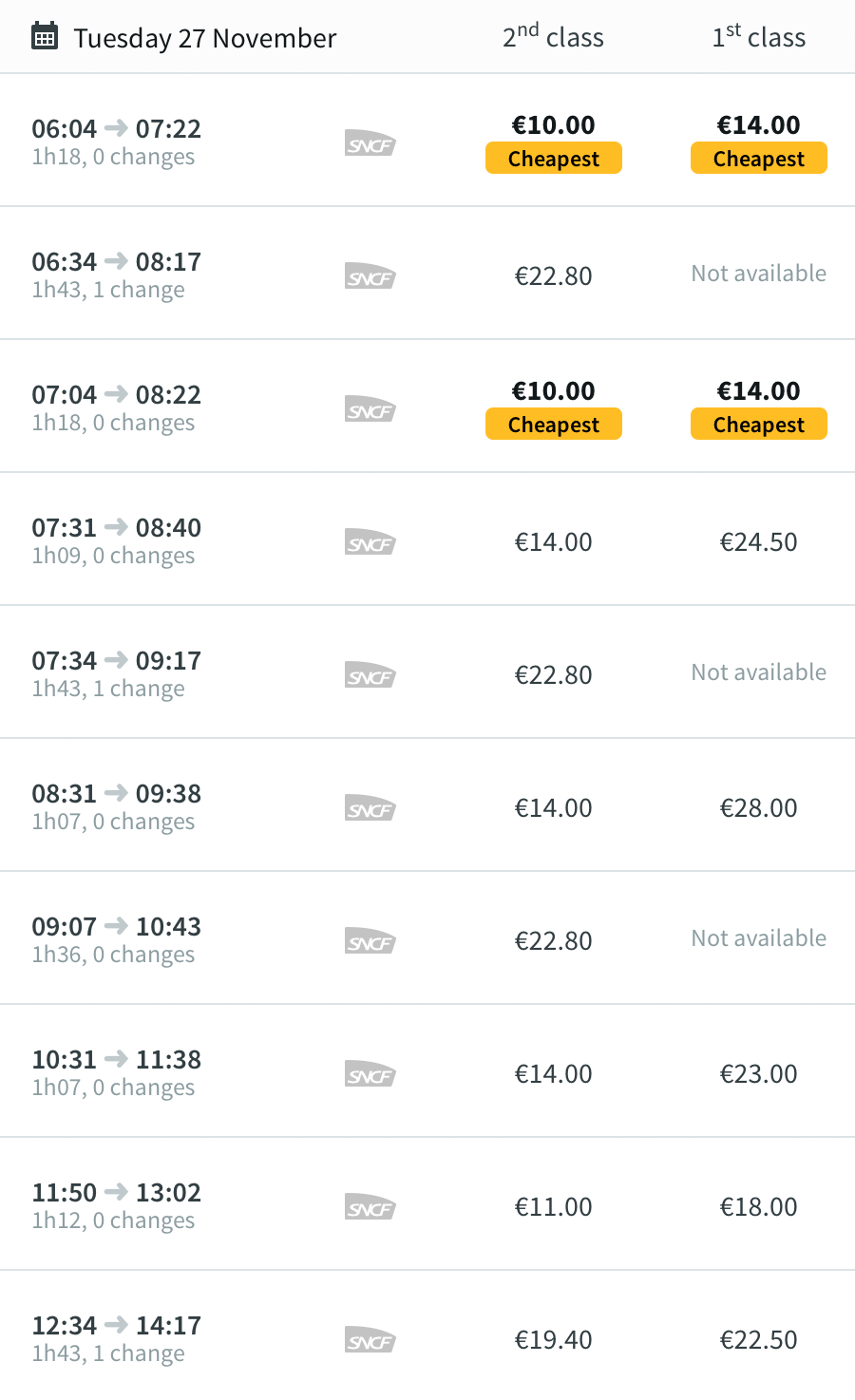 В течение одного дня цены могут отличаться в два раза. Например, государственная железнодорожная компания SNCF предлагает билет на 7 утра за 10 €, а на 9 утра — уже за 22,80 €