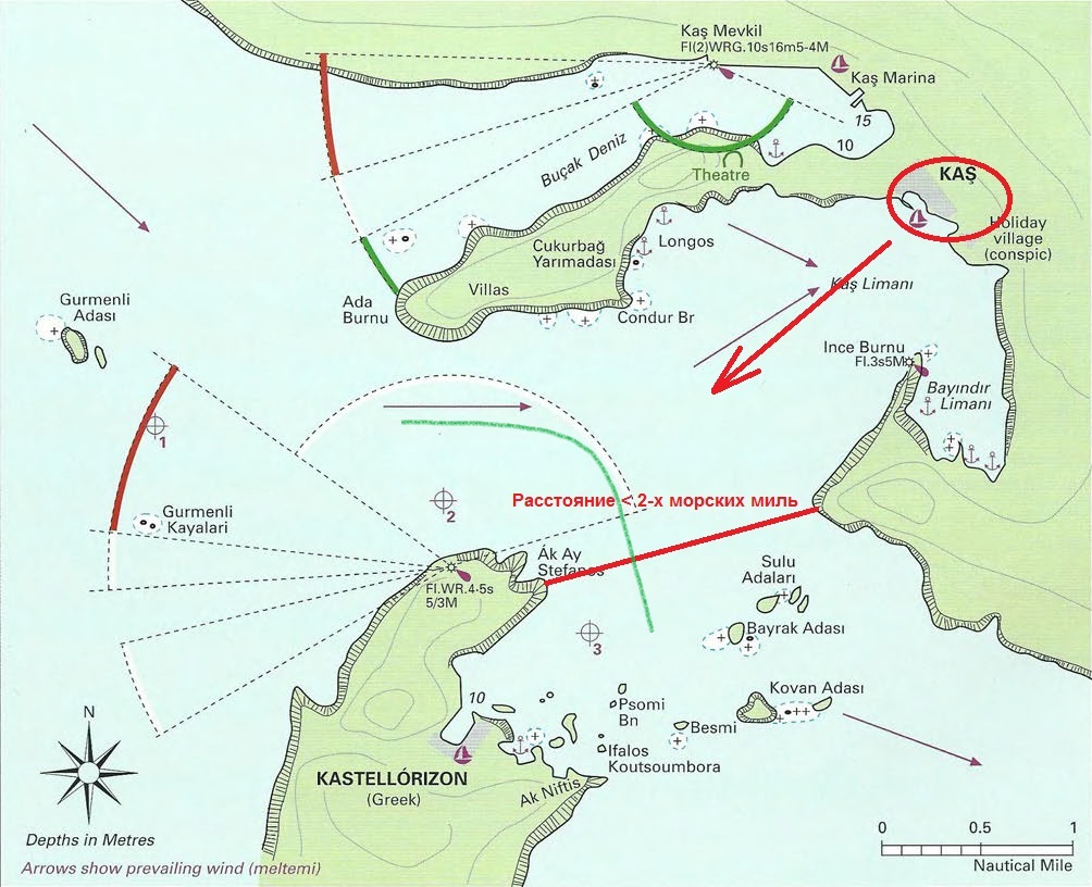 Карта порта Кас и греческого острова Кастелоризо. Зеленая линия указывает примерное место, где проходит граница между Турцией и Грецией