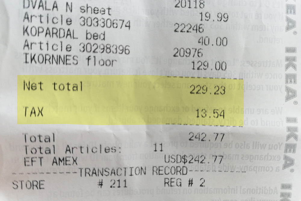 На покупку в «Икее» на 229,23 $ (16 046 ₽) нам начислили налог в 13,54 $ (947,8 ₽)