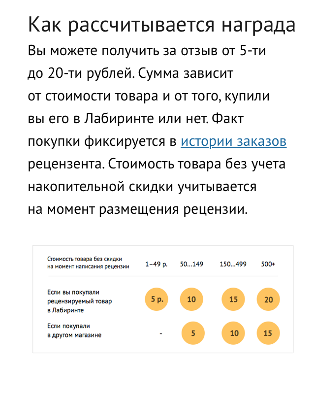 В магазине «Лабиринт» можно оставлять отзывы даже за товары, которые куплены в другом магазине, но оплата за них будет ниже