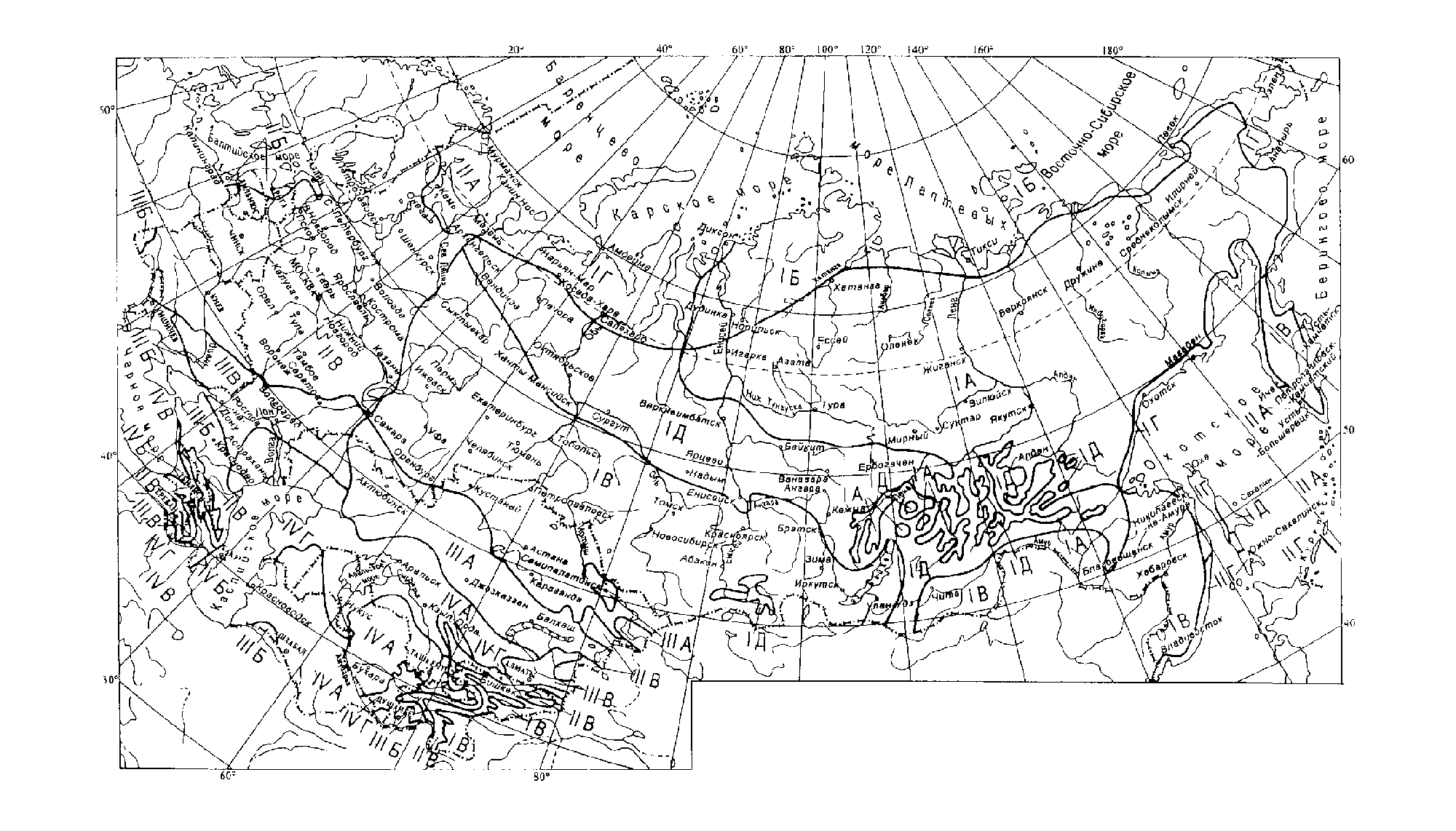 Схематическая карта климатического районирования, рекомендуемая для строительства в СНиП 23-01-99. Попробуйте найти здесь свой регион или свериться с таблицей
