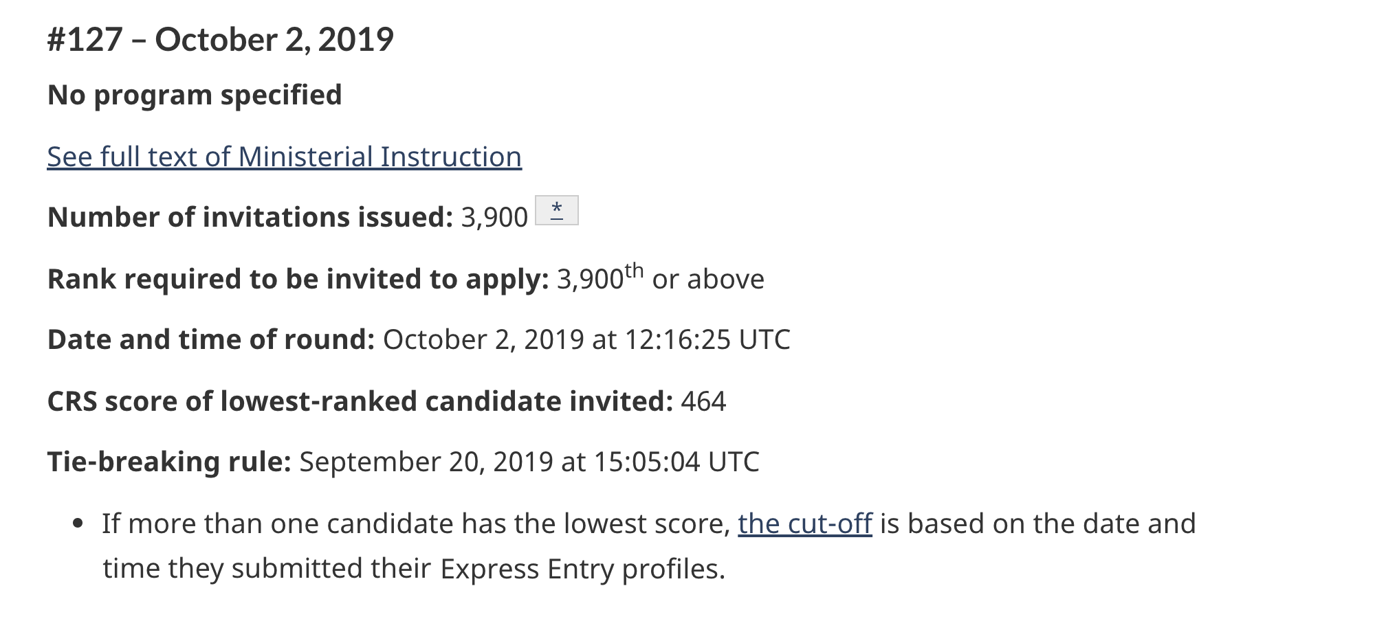 В отсеве 2 октября 2019 года проходной балл в программе Express Entry был 464