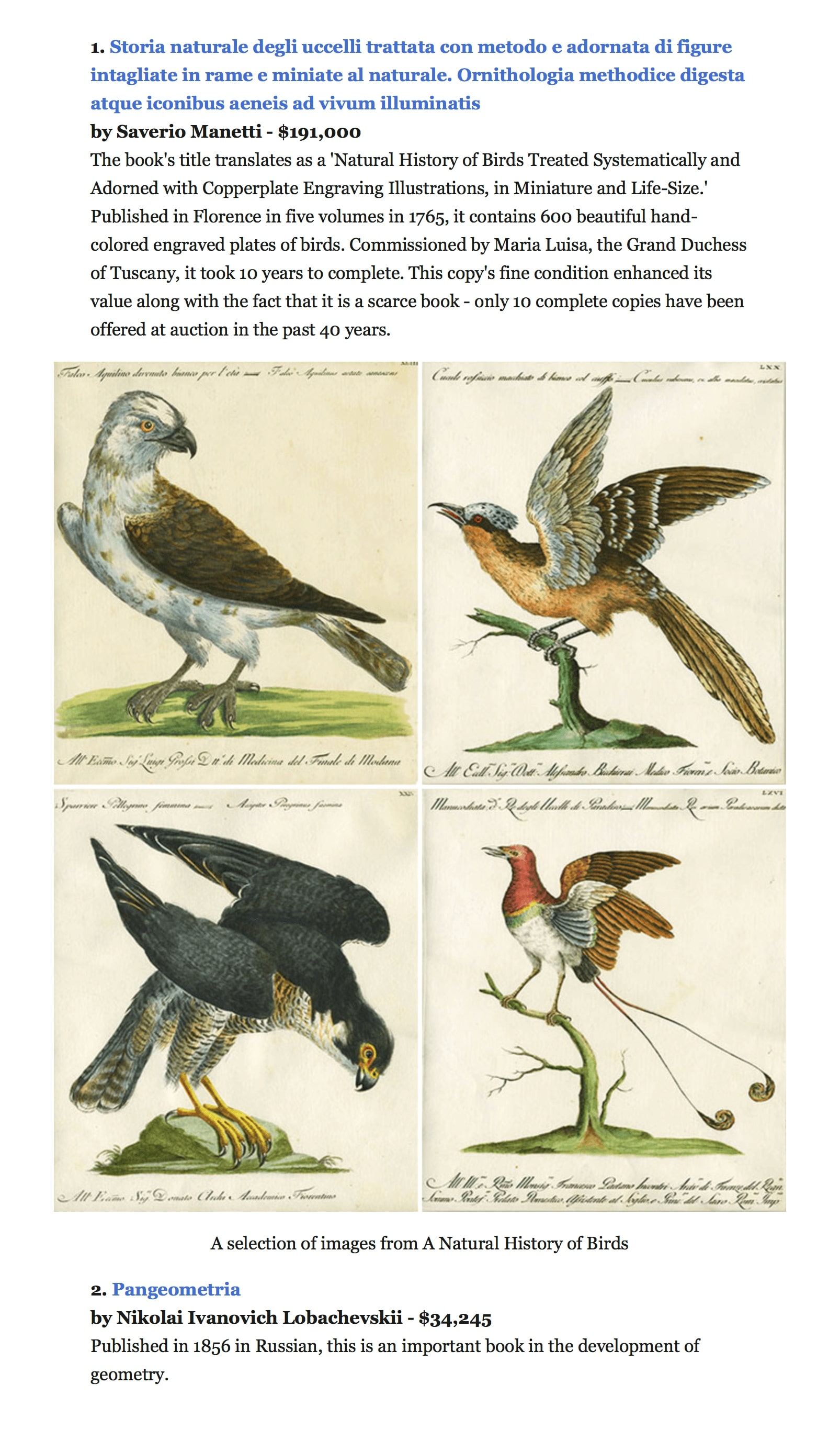 Abebooks.com — интернет-рынок, где продают книги. Самая дорогая из проданных здесь книг — исключительной красоты «Естественная история птиц». Покупателю она обошлась в 191 тысячу долларов