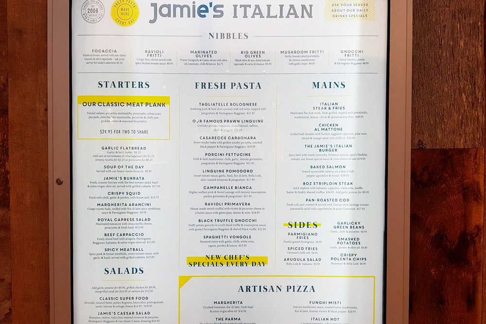 Цены в ресторане Джейми Оливера. Пицца с трюфелем — 22,95 $ (1102 ₽)