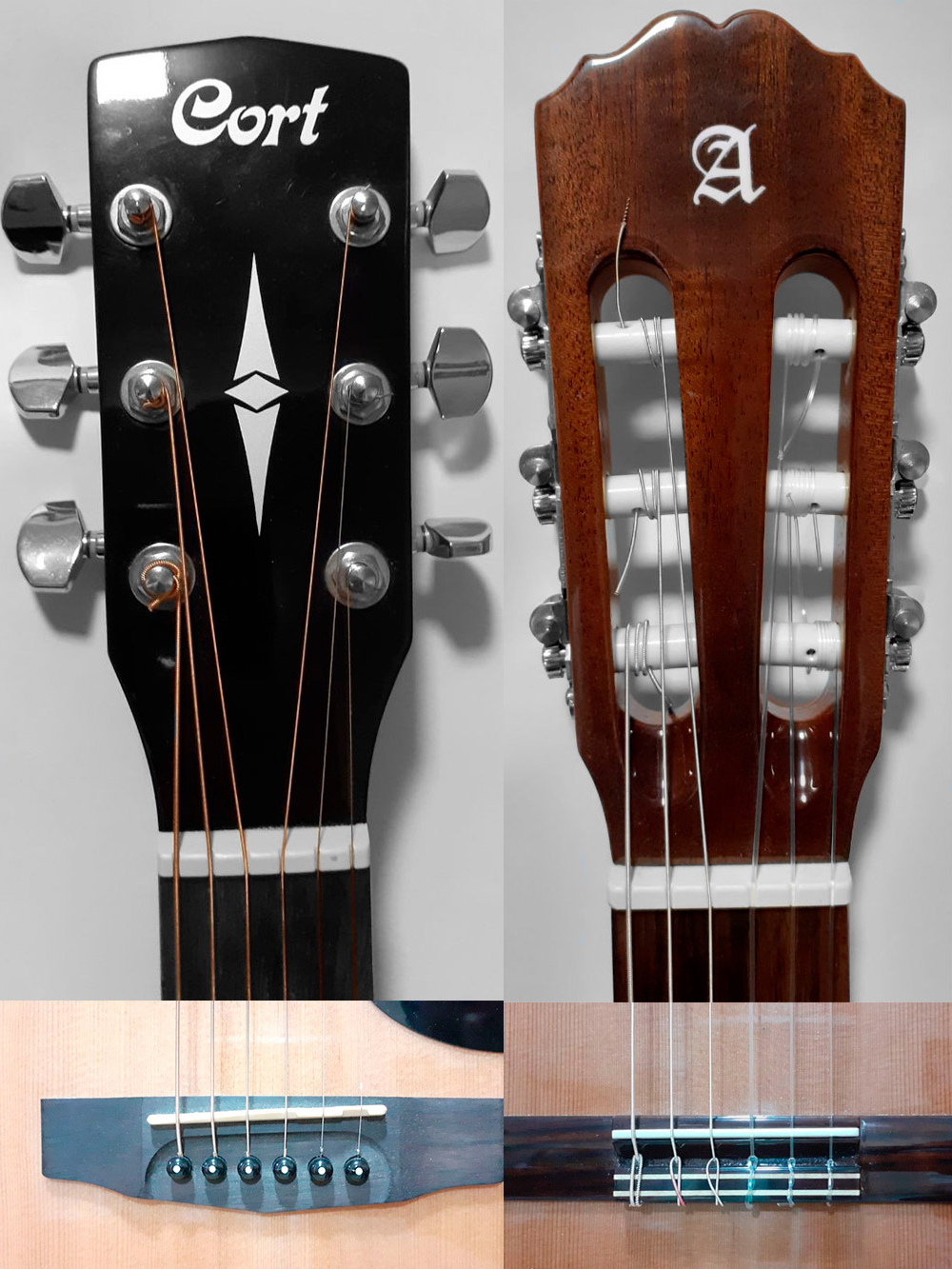 Слева акустическая гитара с металлическими струнами, справа — классическая с нейлоновыми