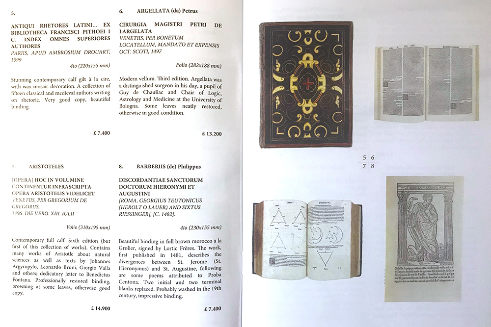 Три инкунабулы и палеотип на странице выставочного каталога одного из значительных туринских магазинов Il Cartiglio