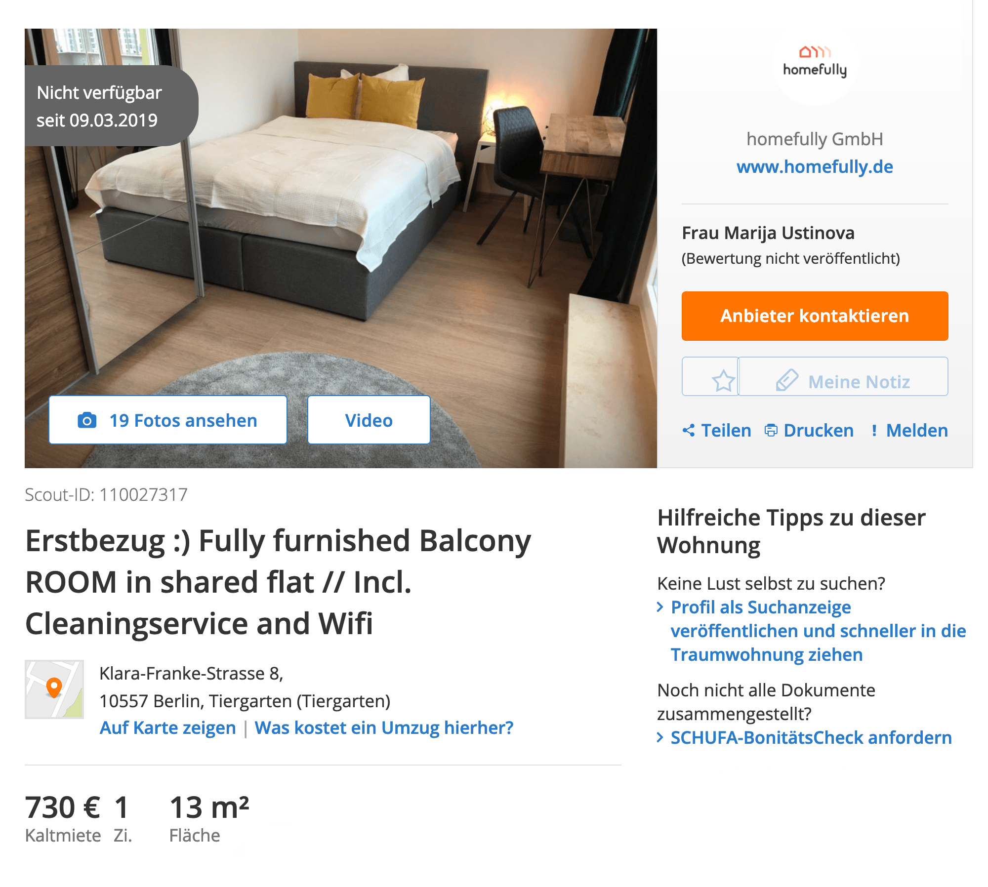 Комната в аренду за 730 € (54 460 ₽) в месяц