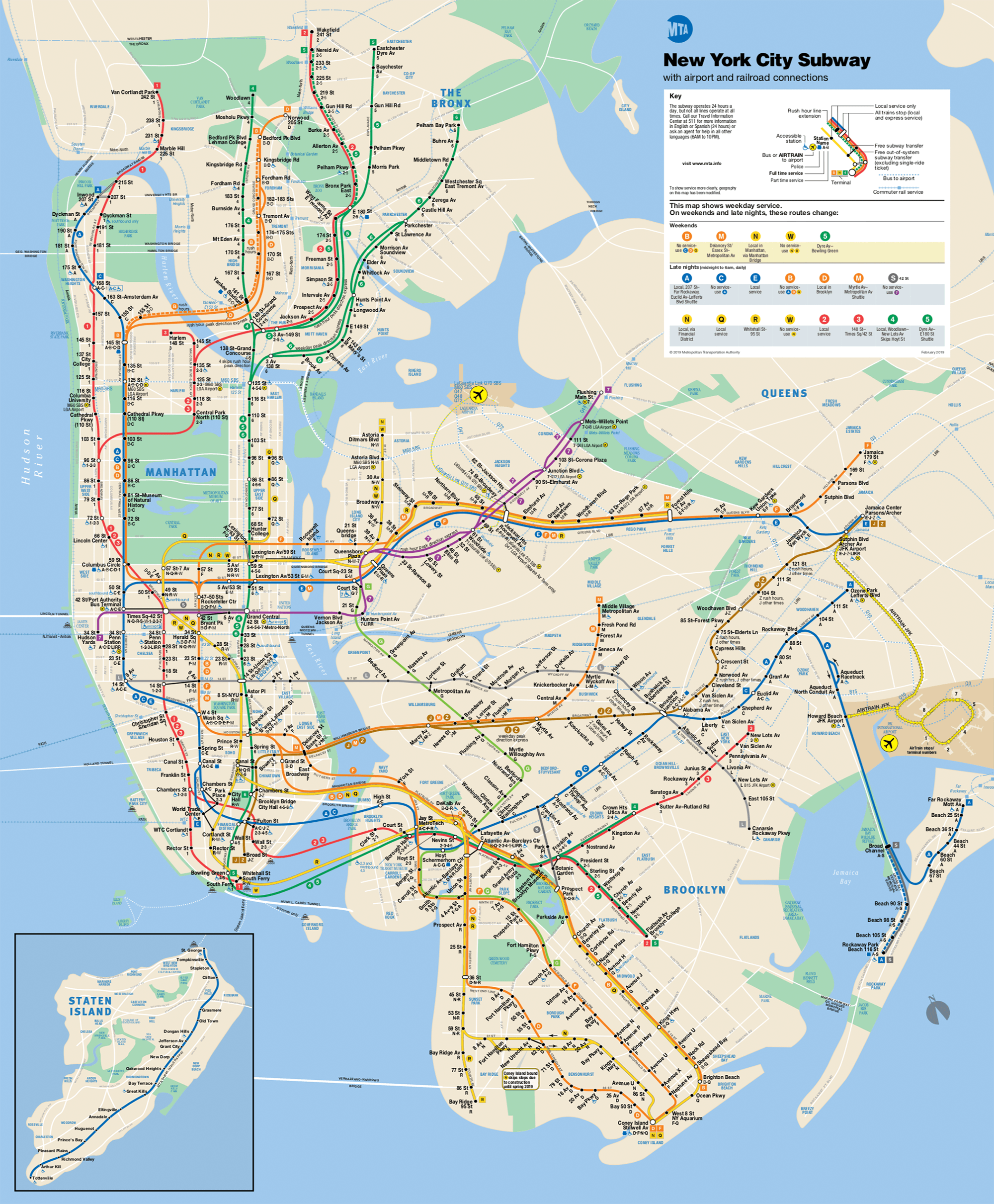 На карте белыми точками обозначены станции, на которых останавливаются все поезда. Черными — остановки только местных поездов. Экспрессы эти станции пропускают. Карту метро и автобусов можно скачать на сайте транспортной компании MTA