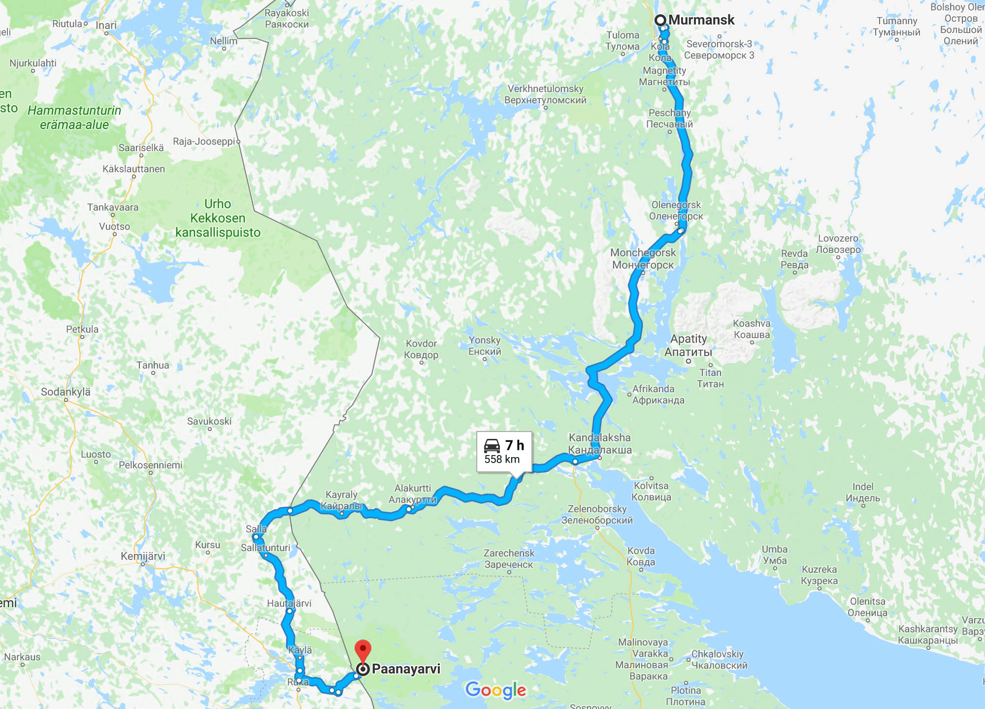 Гугл-мэпс предлагает ехать из Мурманска через российское село Алакуртти и Финляндию. В этом нет смысла, даже если у вас есть открытый шенген. Лучше ехать по трассе «Кола» и свернуть к поселку Пяозерский