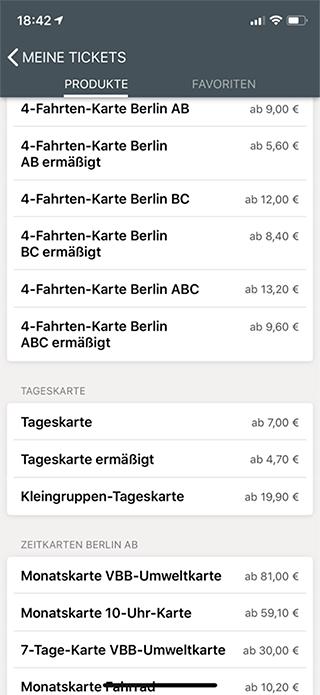 Неполный список всех возможных билетов в официальном приложении берлинского транспорта