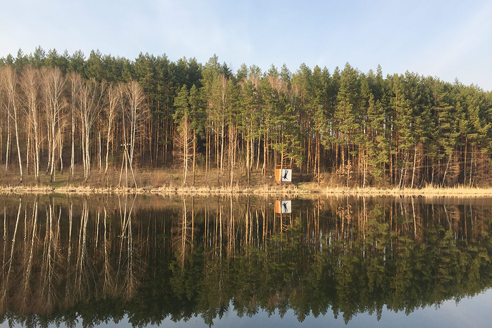 Лес на берегу Мезенского пруда в парке-отеле «Мечта» — местные называют его озером. Через водоем протянут троллей — аттракцион для скоростного спуска по тросу. Прокатиться стоит 500 ₽
