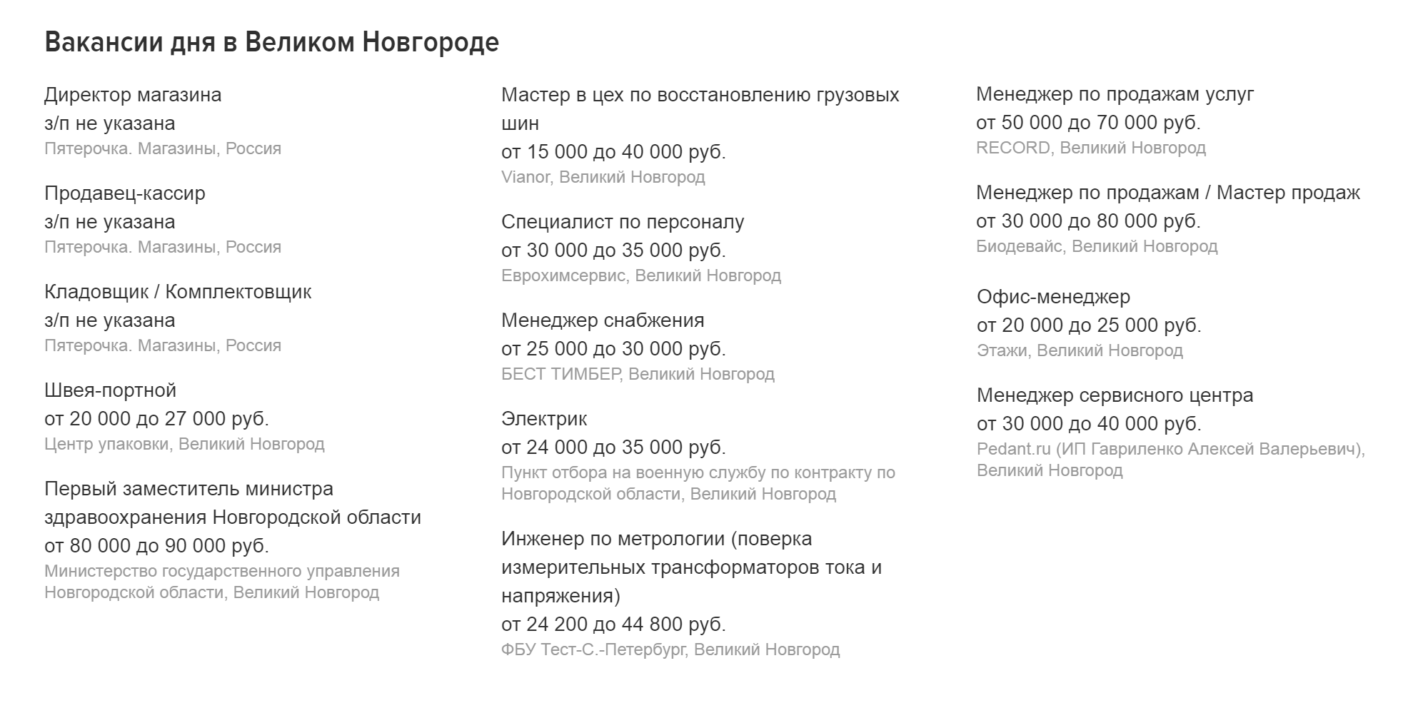 На «Хедхантере» работодатели в Новгороде предлагают зарплаты от 15 тысяч рублей