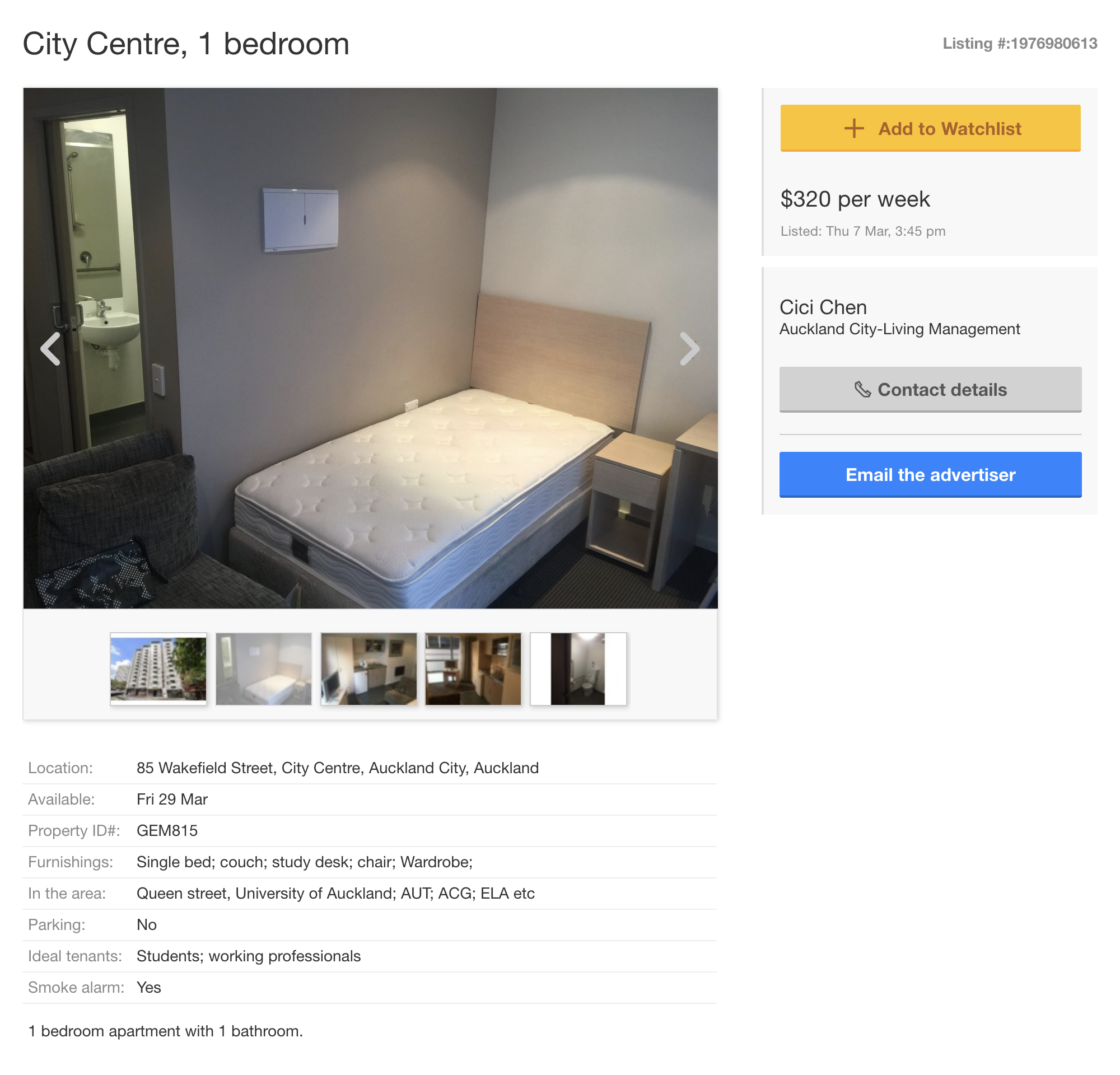 Квартира с одной спальней в центре Окленда, сдается специально для студентов или работников. 320 $ (14 176 ₽) в неделю