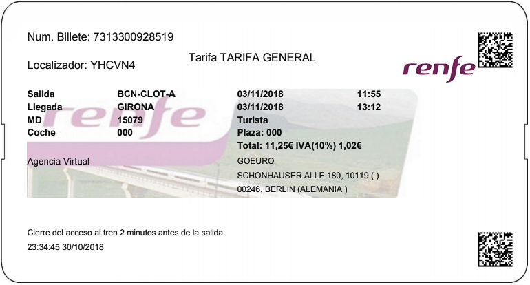 После покупки билет на поезд Барселона — Жирона прислали на почту. Чтобы пройти на станцию, нужно было отсканировать QR-код с телефона в турникете. Поезд был быстрым и удобным, как наш «Сапсан»