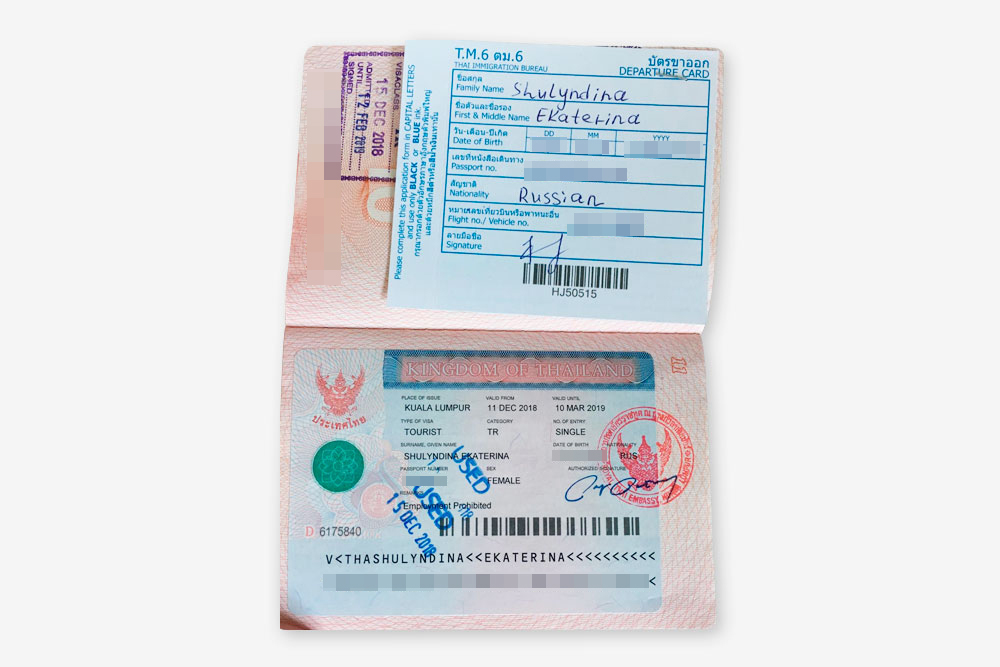 Снизу — виза, сверху — иммиграционная карточка, которую нужно заполнить в самолете и всегда носить с собой