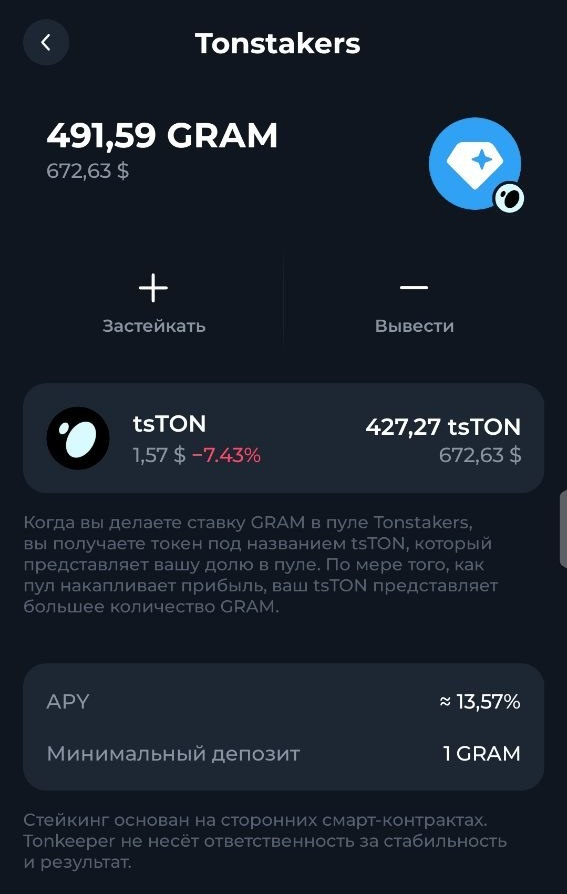 Где-то половину своих токенов GRAM я держу в кошельке Tonkeeper, остальные на бирже. В Tonkeeper можно "застейкать" (см. подписи на скриншоте, что это такое) токены с доходностью 13.5% годовых. Фактически получается 13,5 годовых в долларах. Есть, конечно, вероятность обвала и все мои токены "превратятся в черепки", но я оптимист