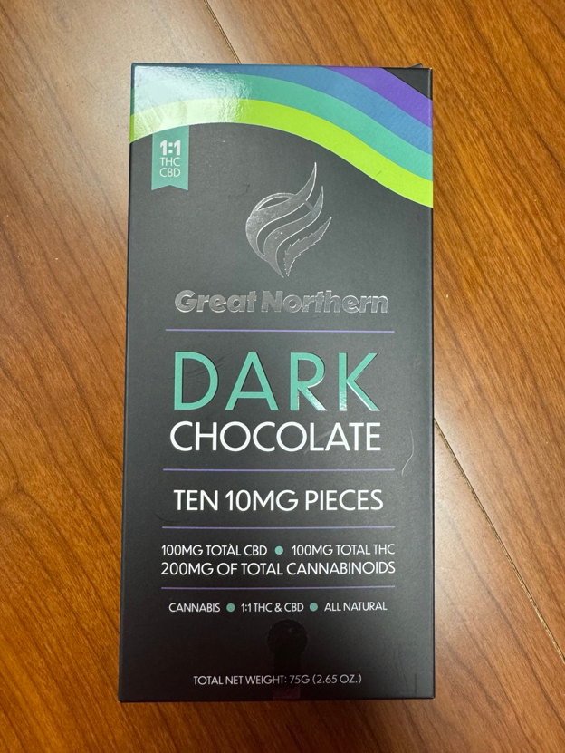 Местный тёмный шоколад компании Great Northern с соотношением CBD:THC 1:1 (200 мг)
