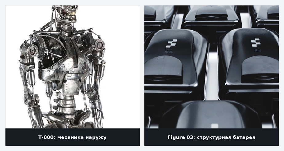 Один и тот же объём, две философии: T‑800 показывает механику, Figure 03 превращает батарейный корпус в часть силовой структуры. Источники: Propstore / Figure.