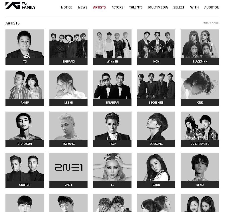 YG на сайте называет артистов YG-семьей
