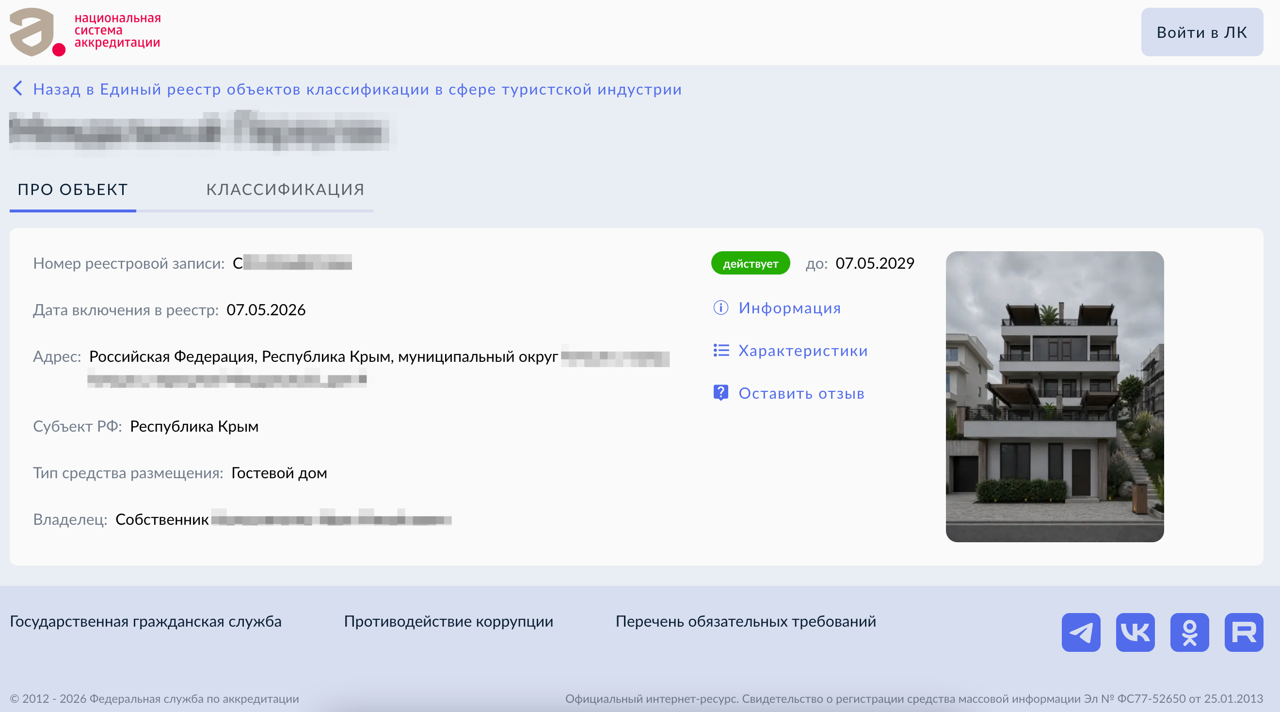 Оформленный объект с действующей аккредитацией
