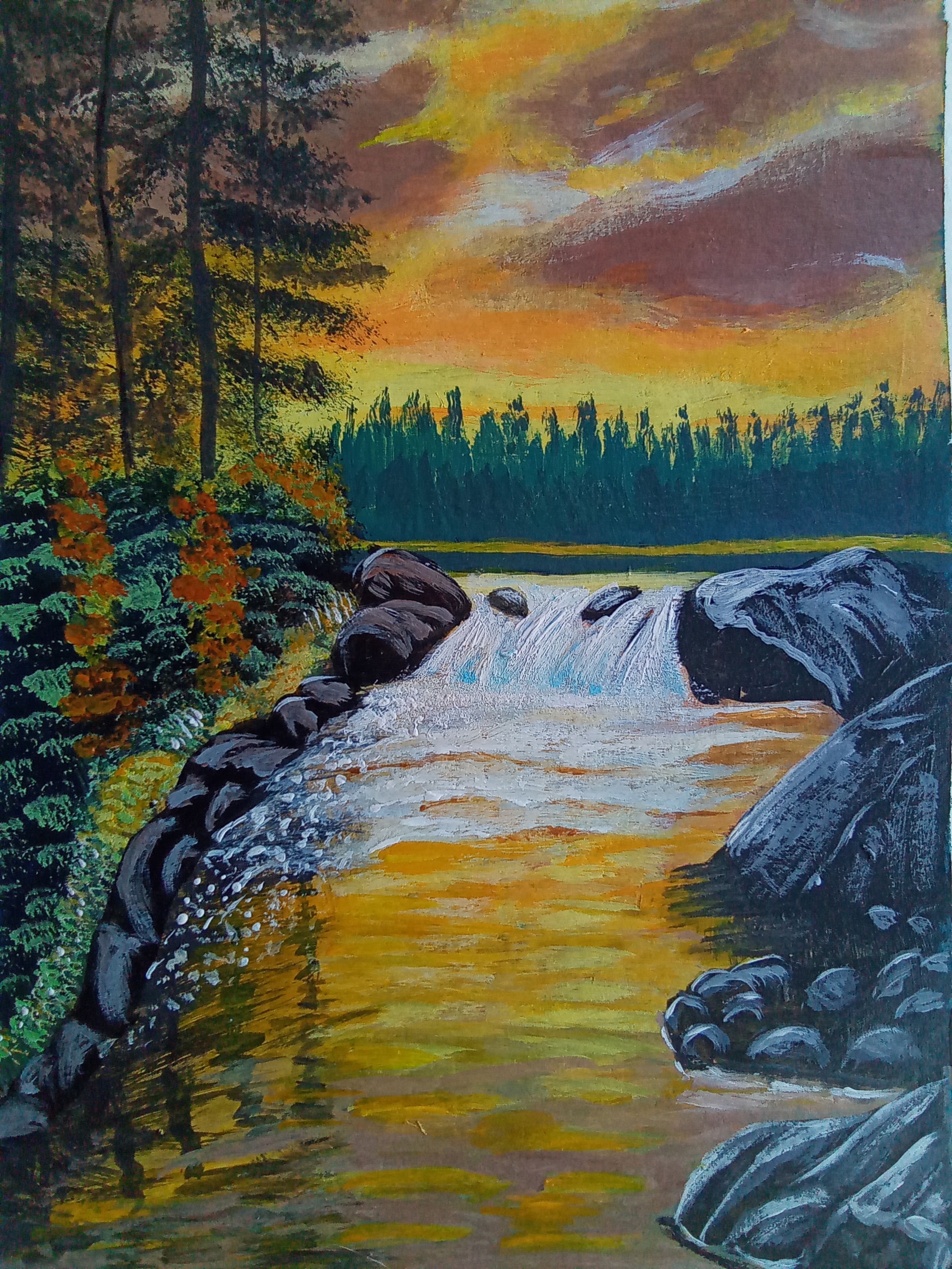 Золотой закат с водопадом
