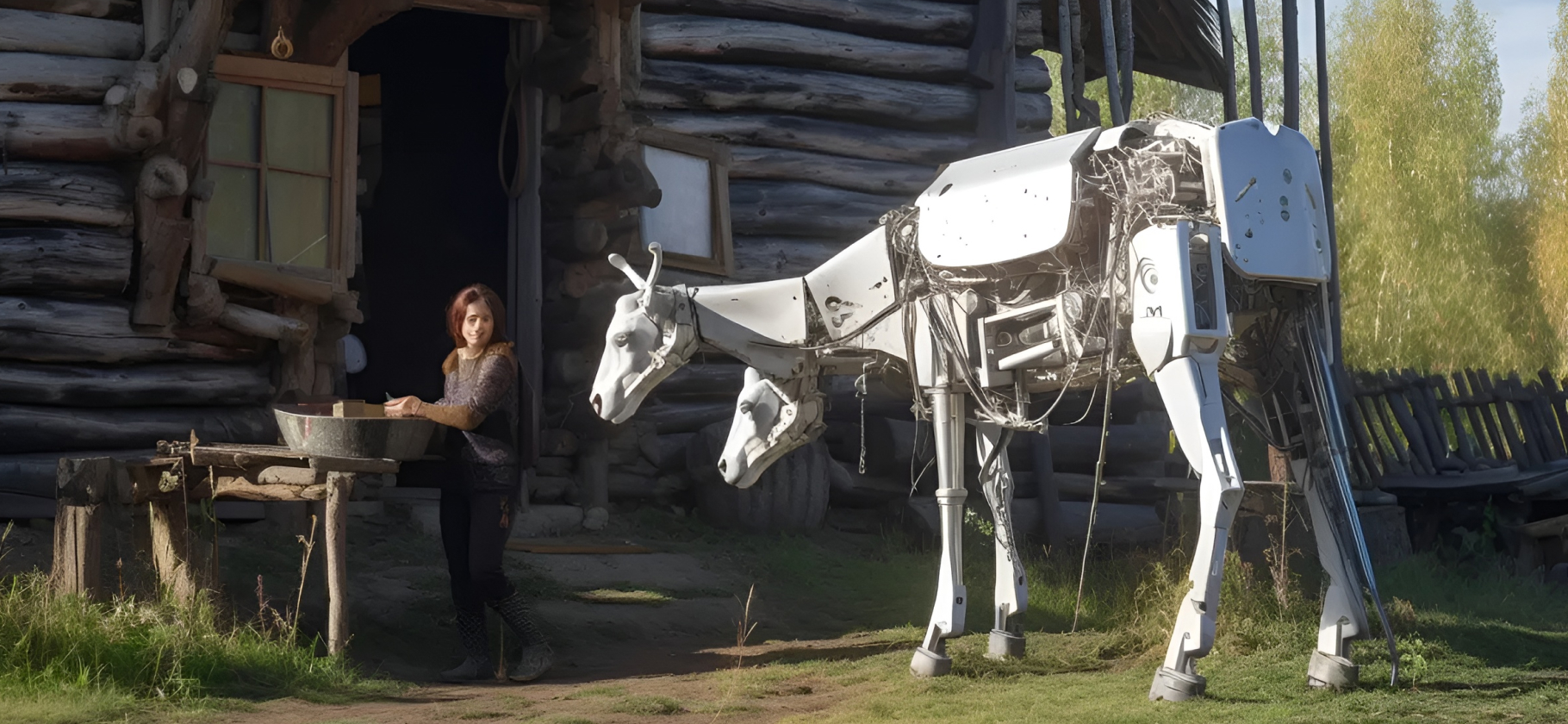 Я сгенерировал в нейросети картины российской деревни с огромными древними роботами