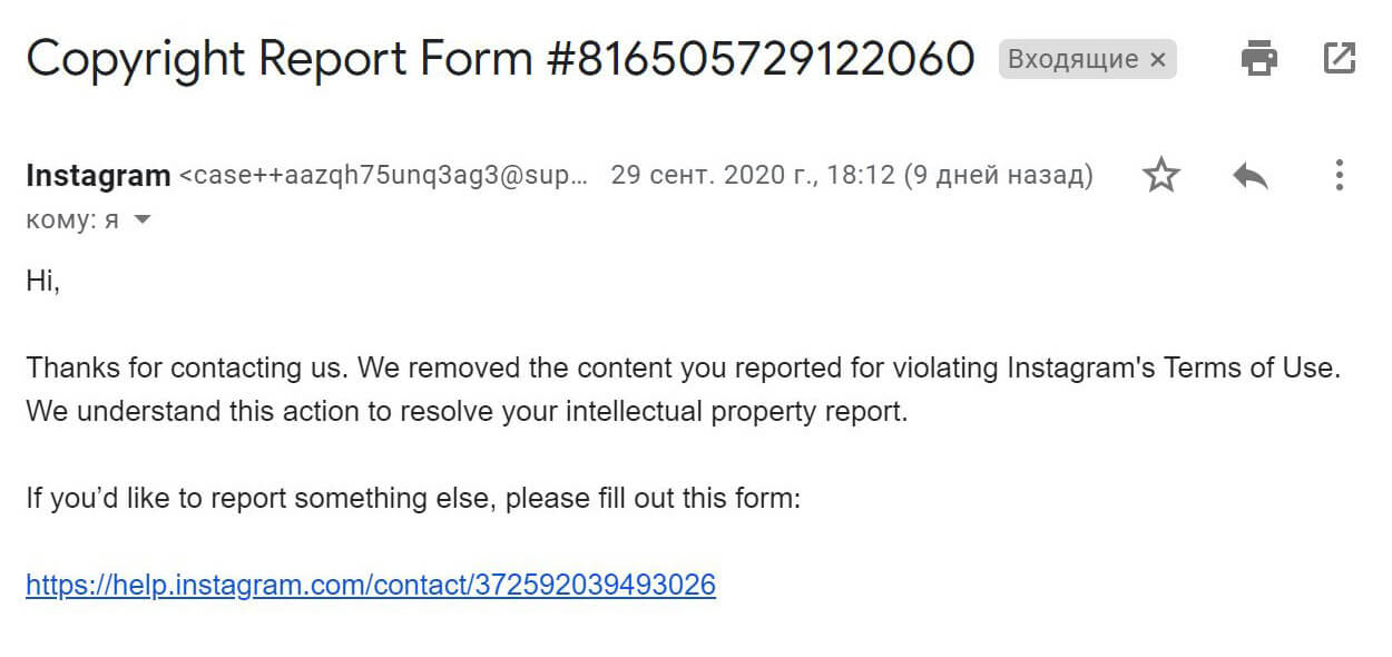 Так выглядит уведомление от «Инстаграма»*: жалобу на нарушение авторских прав удовлетворили и спорный контент удалили