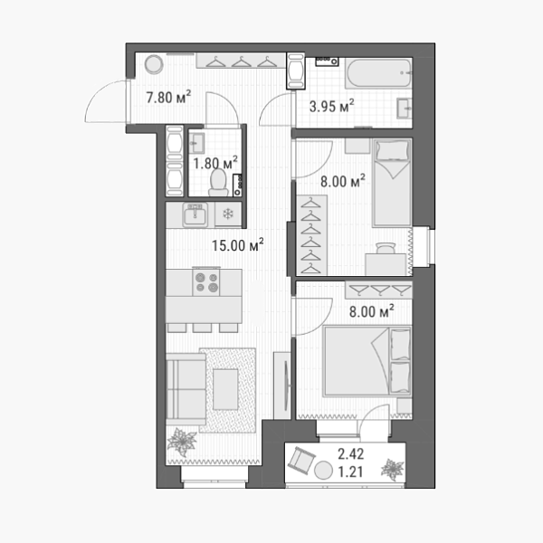 Так выглядит план квартиры, которую я купил. Просто мечта: две спальни, общая гостиная, раздельный санузел и балкон! И все это умещается меньше чем на 50 м². Источник: сайт ЖК «Северная долина»