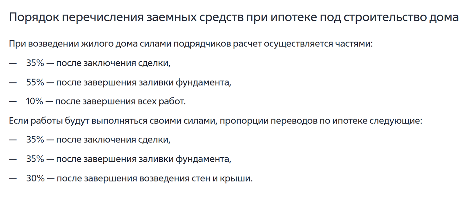 ВТБ переводит деньги на строительство дома тремя траншами: 35% — на фундамент, 55% — на дом, 10% — на коммуникации, если строит подрядчик. И 35% — на фундамент, 35% — на дом, 30% — на коммуникации, если заемщик строит своими силами