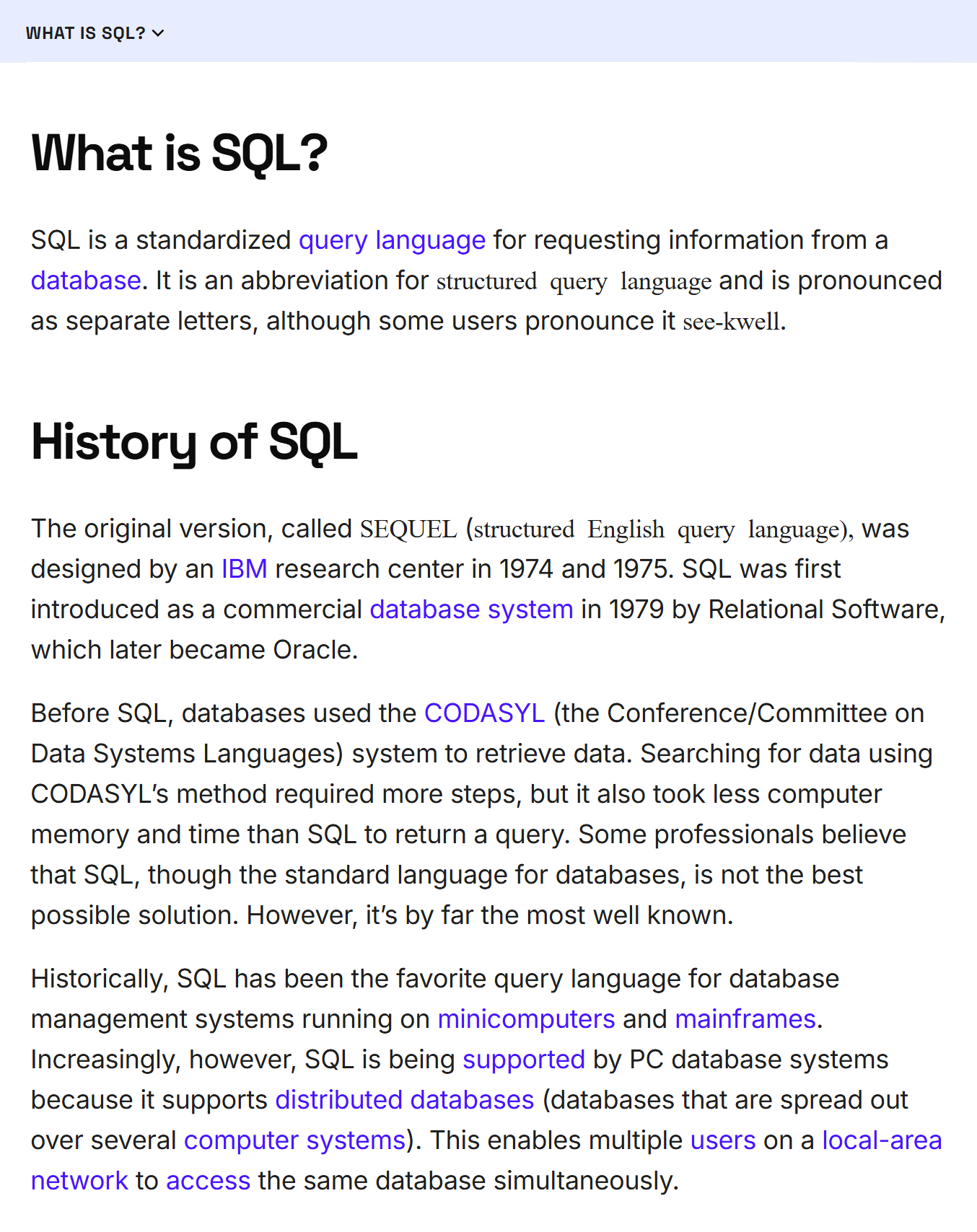 Статья про SQL — язык запросов для управления базами данных. Источник: webopedia.com