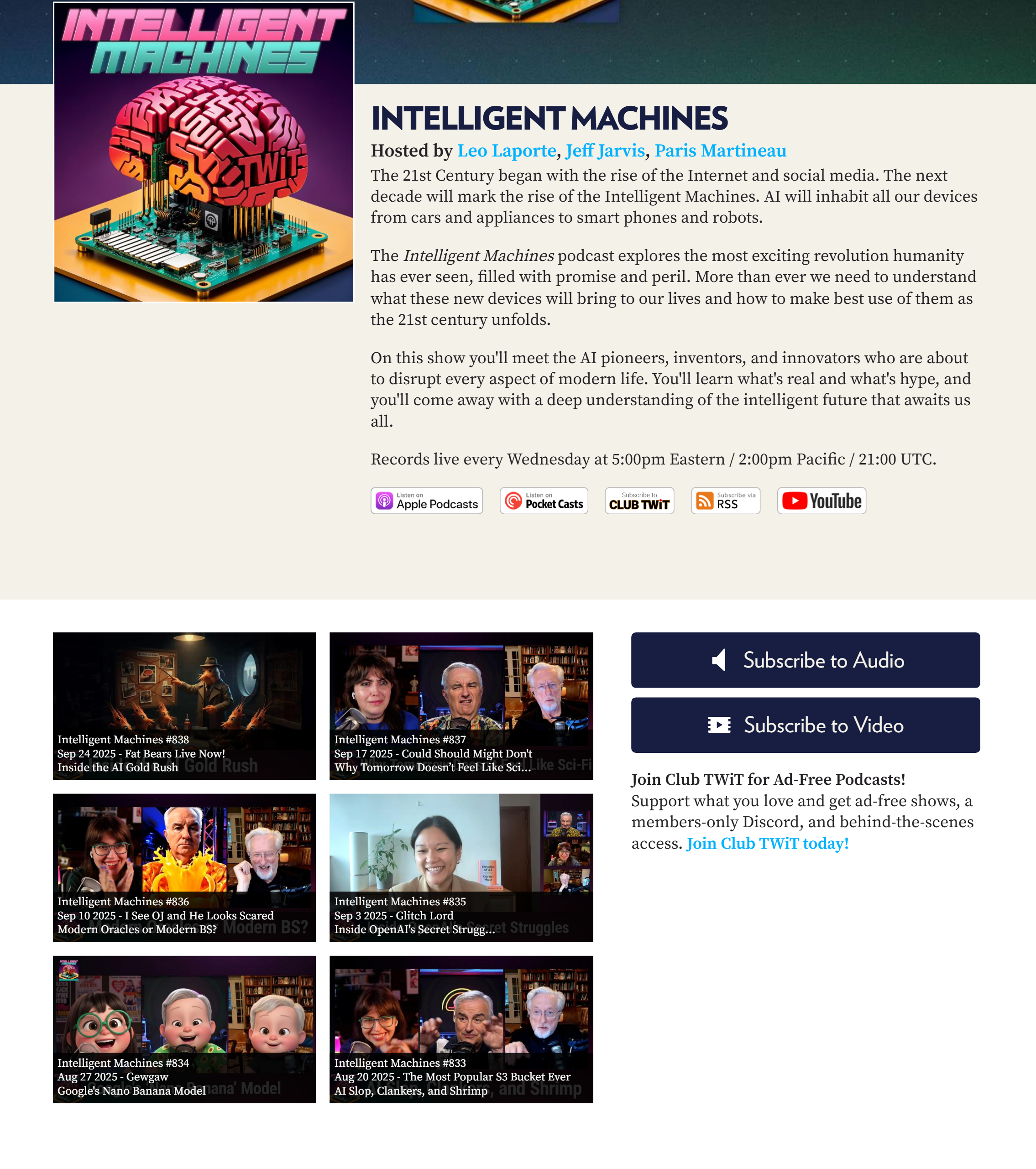 Раньше подкаст назывался This Week in Google, в нем обсуждали новости «Гугла» и других ИТ-компаний. Создатели сменили название и теперь рассказывают о новшествах в мире ИИ. Источник: twit.tv