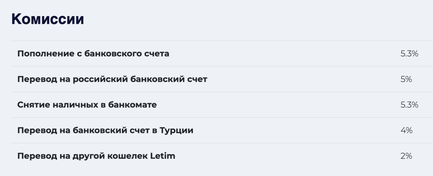 Комиссии за пополнение кошелька и переводы. © letim.app