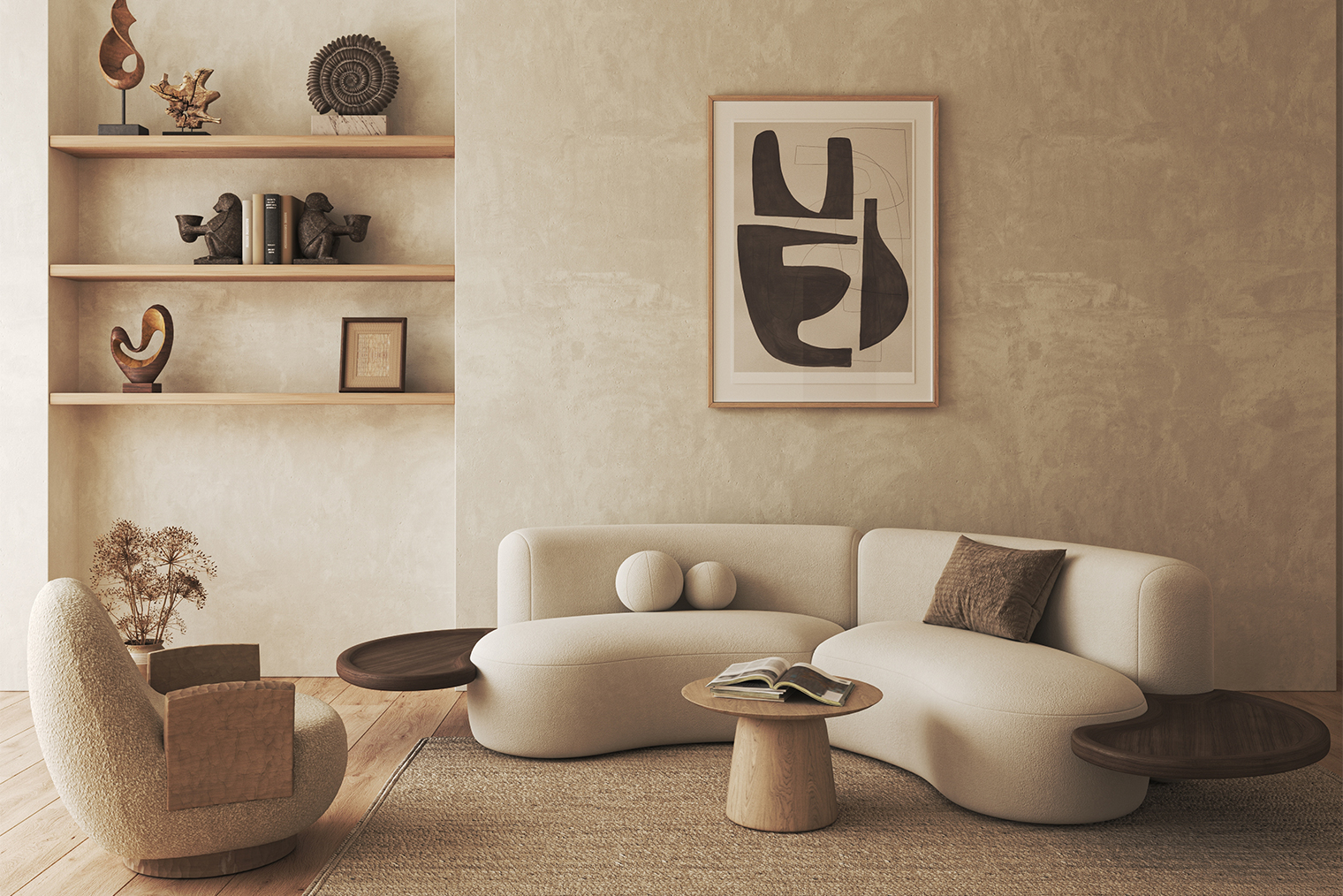 Для гостиной в стиле джапанди выбирайте мебель округлых форм и нестандартный декор. На пол можно положить однотонный фактурный ковер. Фотография: V1ktoria / Shutterstock