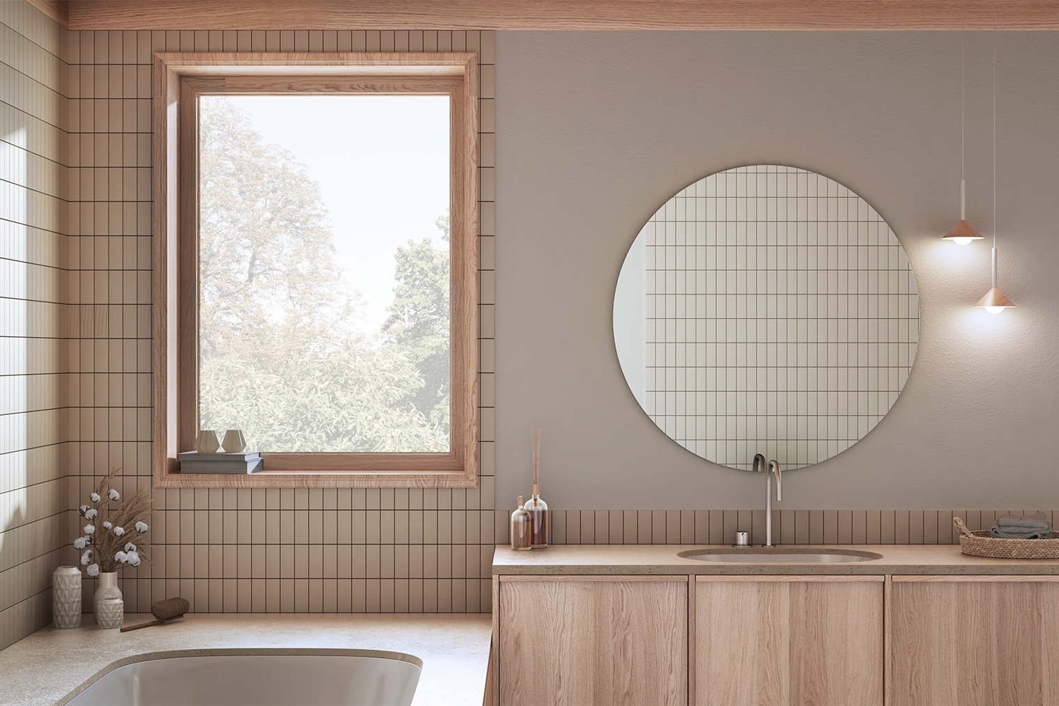 Узкая плитка, уложенная вертикально, с контрастной затиркой, напоминает о прямоугольниках на японских ширмах и поэтому придает японский колорит в ванной в стиле джапанди. Фотография: Archi_Viz / Shutterstock
