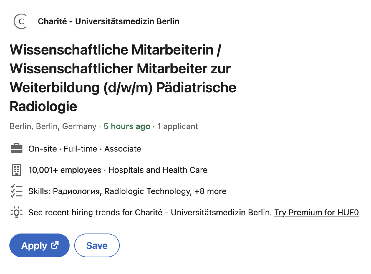 Вакансия научного сотрудника в области детской радиологии в одной из самых известных клиник Германии Charite. Источник: linkedin.com