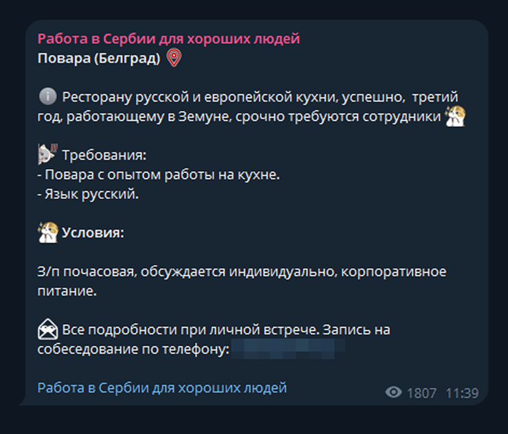 Вакансия из русскоязычного чата в Сербии: ищут повара со знанием русского. Источник: телеграм-канал «Работа в Сербии для хороших людей»