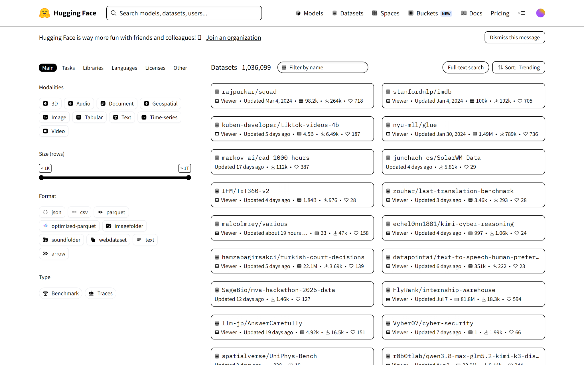 Раздел Datasets мало отличается от раздела Models. © Hugging Face
