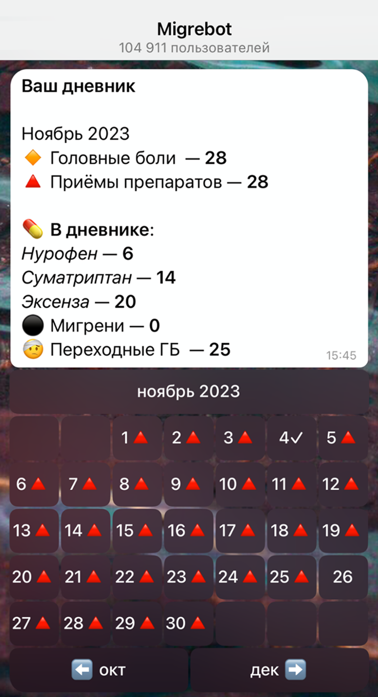 Скриншот из «Мигребота», который помогает отслеживать частоту мигрени и прием лекарств