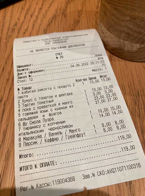За полноценный ужин на двоих в ресторане Cultura заплатили 119 BYN (2857 ₽). С карты «Мир» сняли 2919 ₽